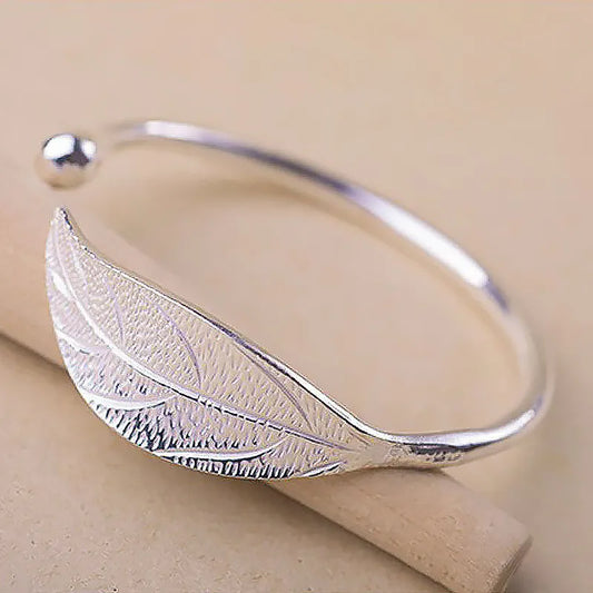 Sterling Silver Woman Cuff Bracelet Open Leaf Shaped Adjustable Charm