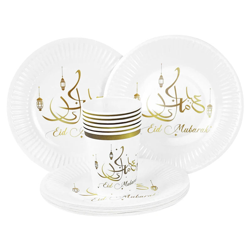 6/12Pcs Eid Mubarak Disposable Tableware Paper Plates Cups