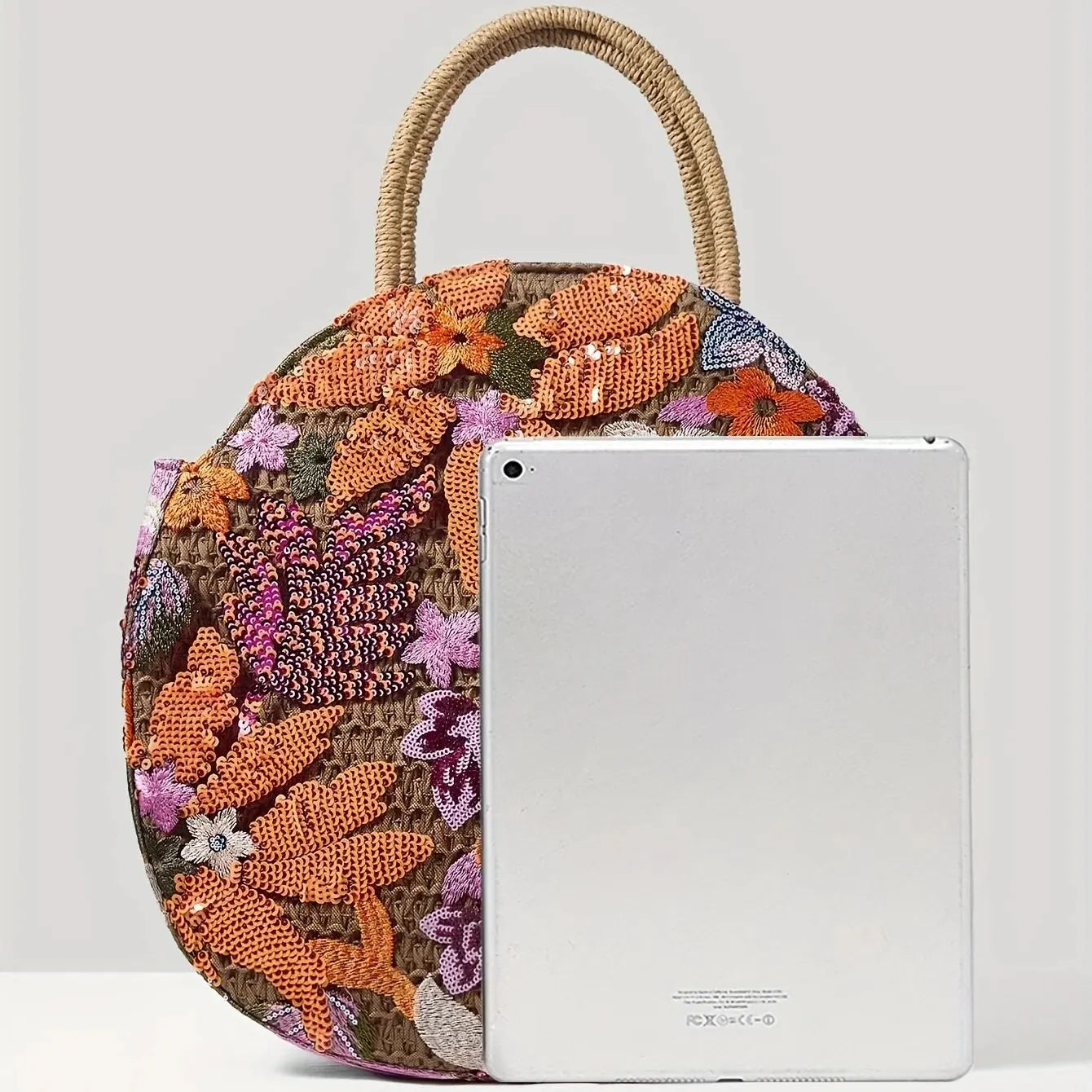 Floral Sequins and Straw Tote Bag,