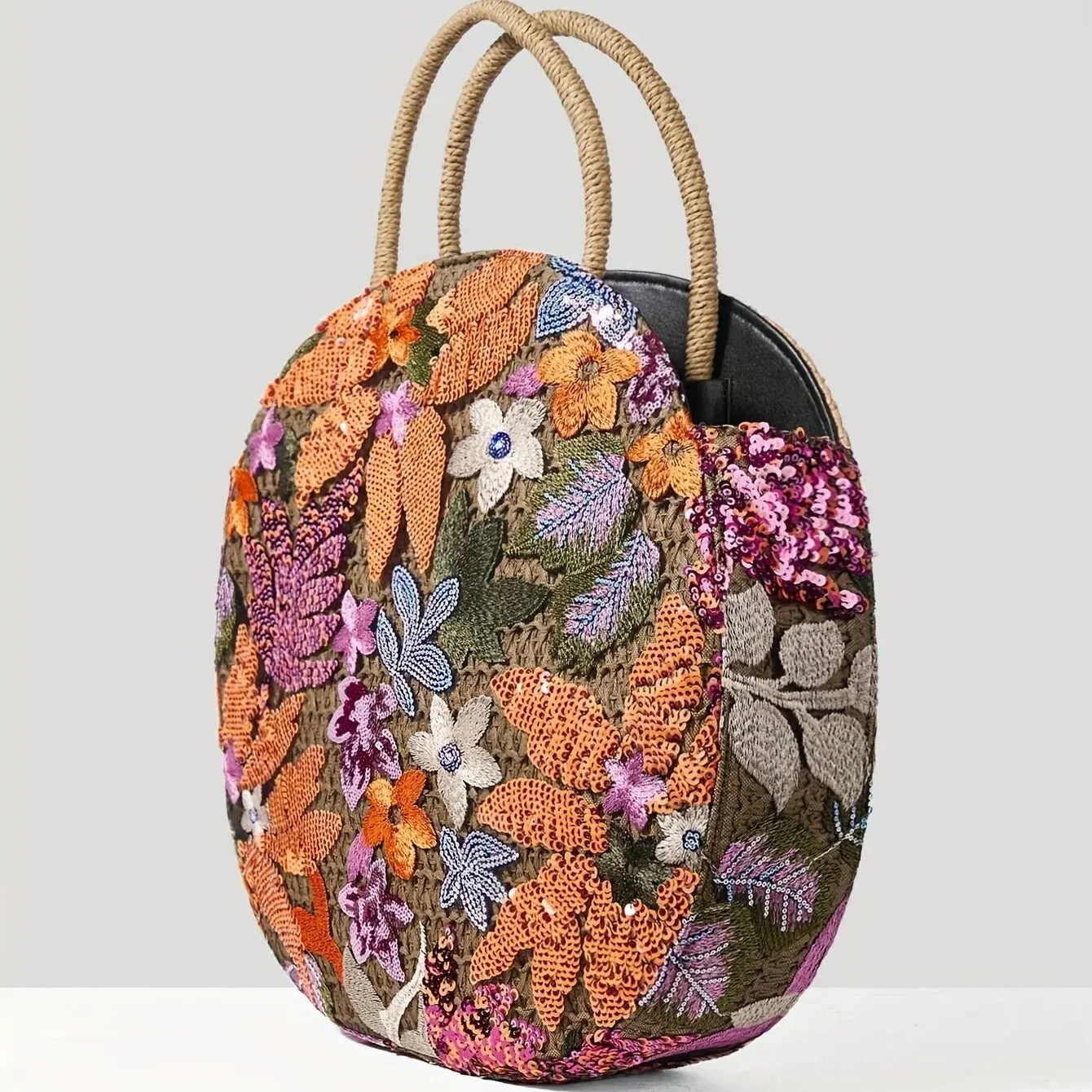 Floral Sequins and Straw Tote Bag,