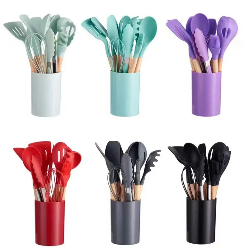 12Pcs Silicone Cooking Utensils Set Wooden Handle