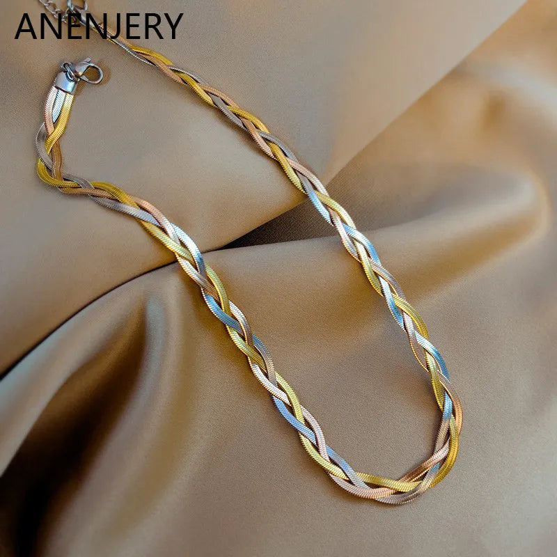 Stainless Steel Tricolor Hand Braided Necklace