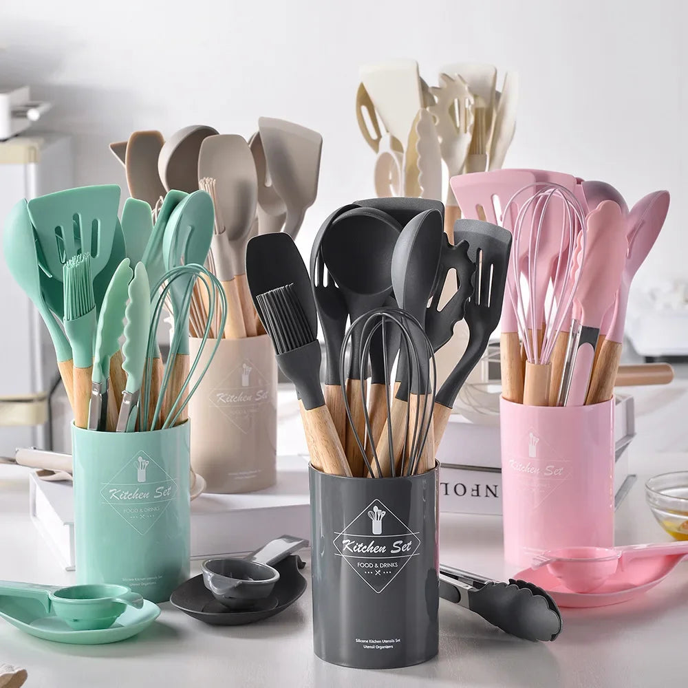 12Pcs Silicone Cooking Utensils Set Wooden Handle