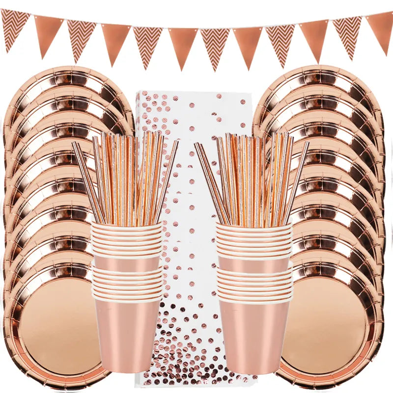 Rose Gold Birthday Decorations Disposable Tableware Set