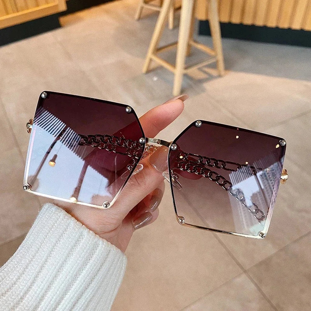 New Fashion Oversize Gradient Sunglasses Vintage Alloy Chain Frame