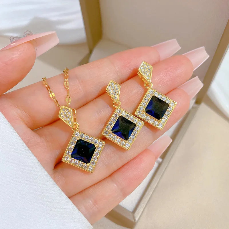 Stainless Steel Square Dark Blue Crystal Charm Necklace Earrings