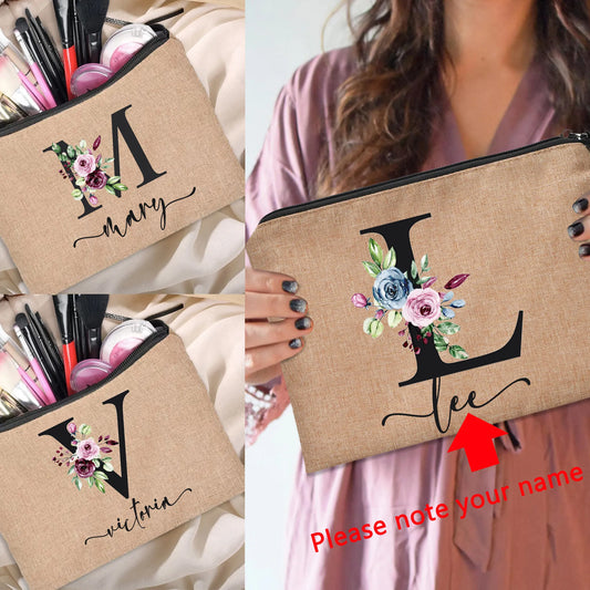 Customized  Name Linen Cosmetic Bag