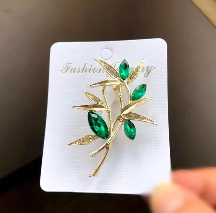 Luxury Green Crystal Bamboo Leaf Brooch