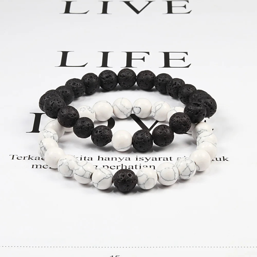 Set Bracelet Couples Distance Black White Natural Lava Stone Tiger Eye Beaded Yoga Bracelets for Men