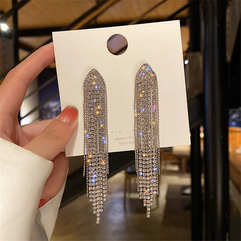 LATS New Classic Shiny Crystal Earrings Exaggerated Long Tassel Rhinestone Drop Earring for Women 2022 Korean Fashion Jewelry