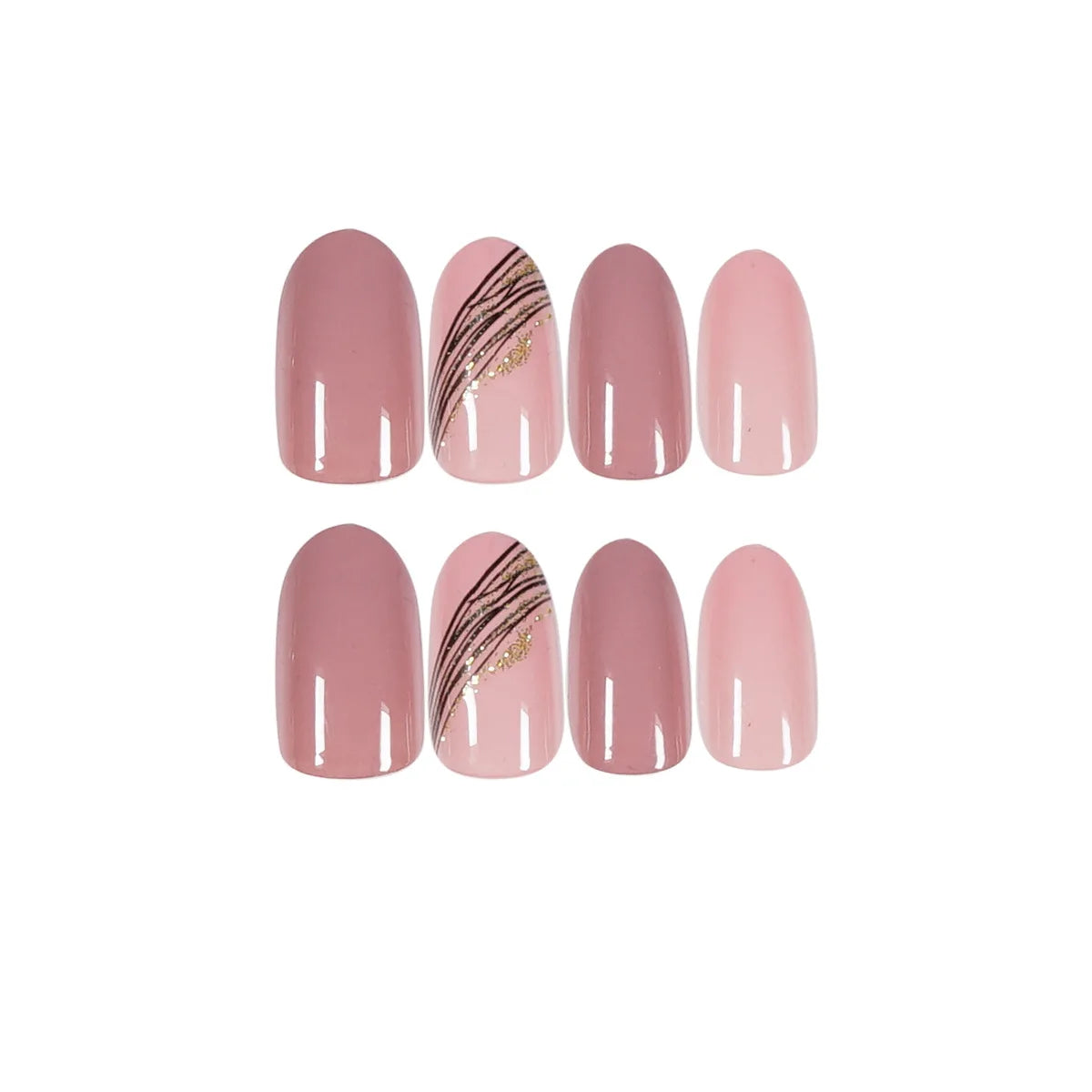 24Ps/Set Almond Slant Gold Line Lotus Pink Fake Nails