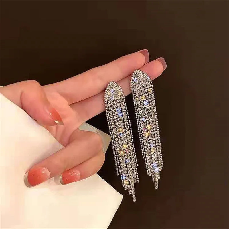 LATS New Classic Shiny Crystal Earrings Exaggerated Long Tassel Rhinestone Drop Earring for Women 2022 Korean Fashion Jewelry