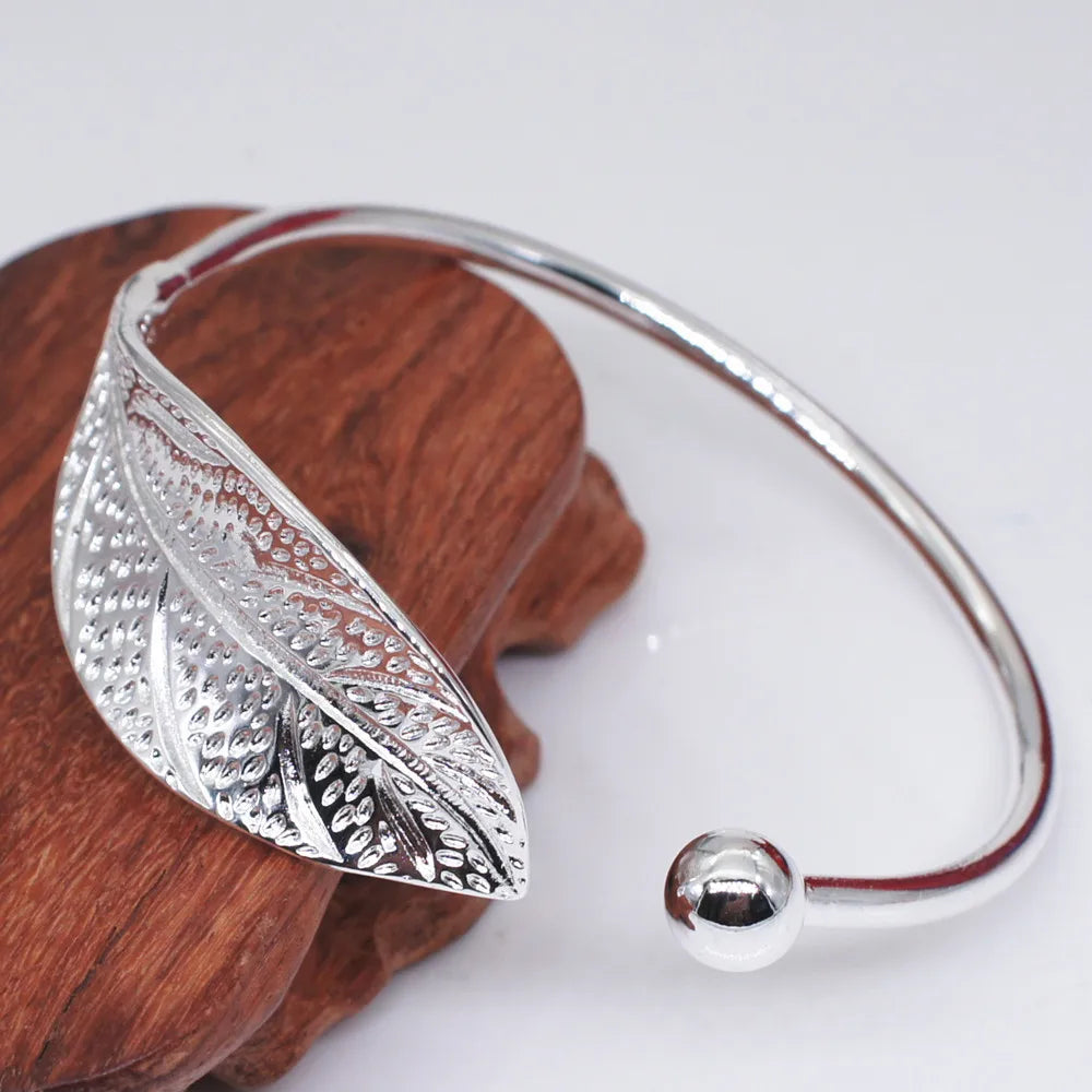 Sterling Silver Woman Cuff Bracelet Open Leaf Shaped Adjustable Charm