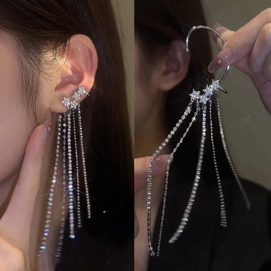 Sparkling Long Tassel Crystal Stars Ear Clip Earrings Without Piercing