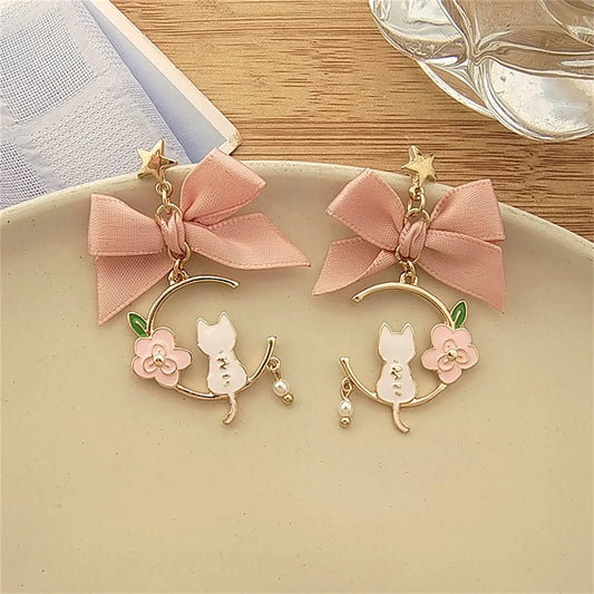 Korean Fashion Bow Rabbit Asymmetric Dangle Earrings