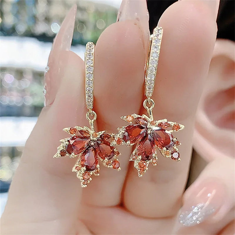 Vintage Crystal Zircon Red Maple Leaf Earrings